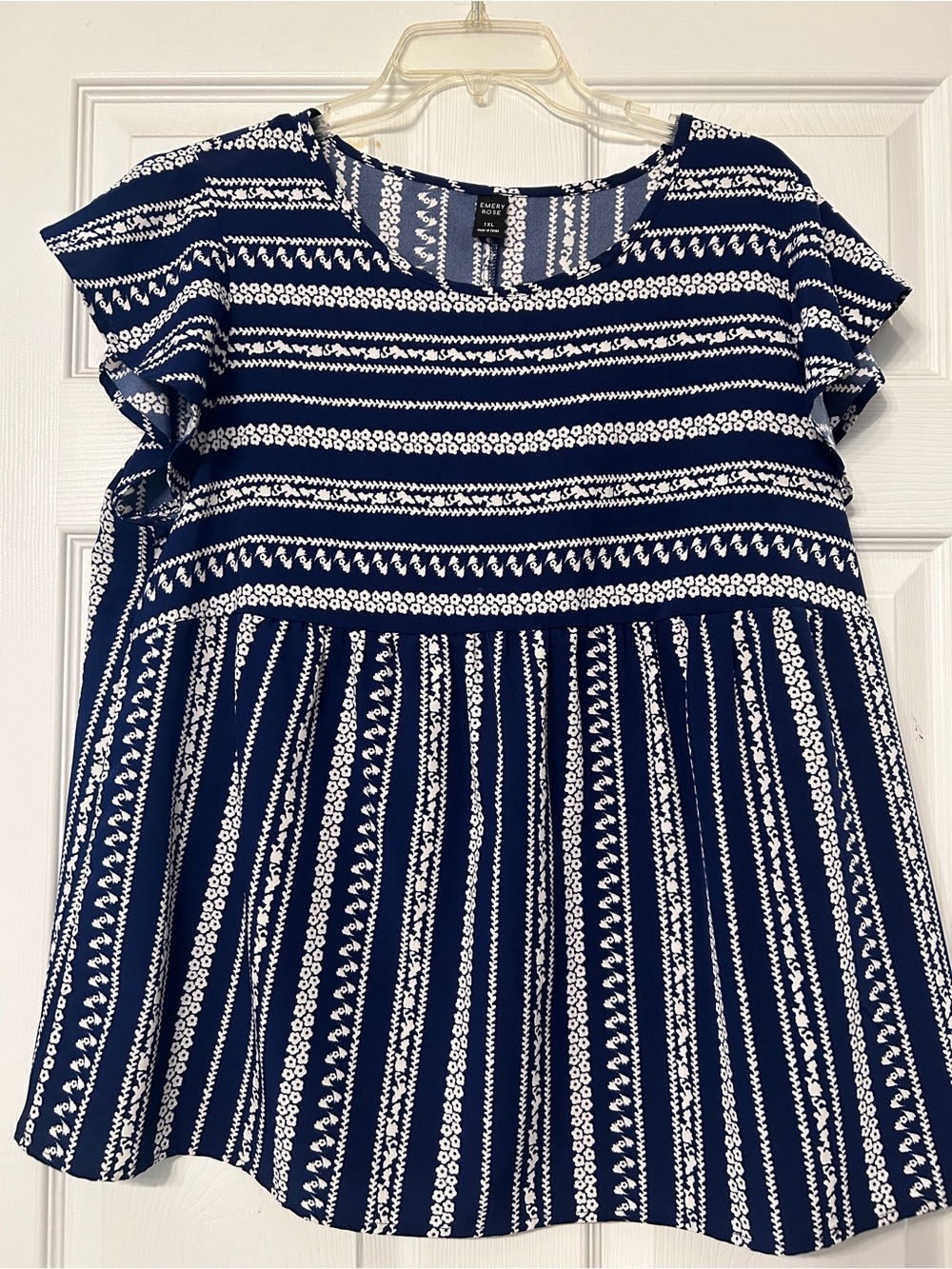 SHEIN Navy and White Striped Flutter-Sleeve Blouse